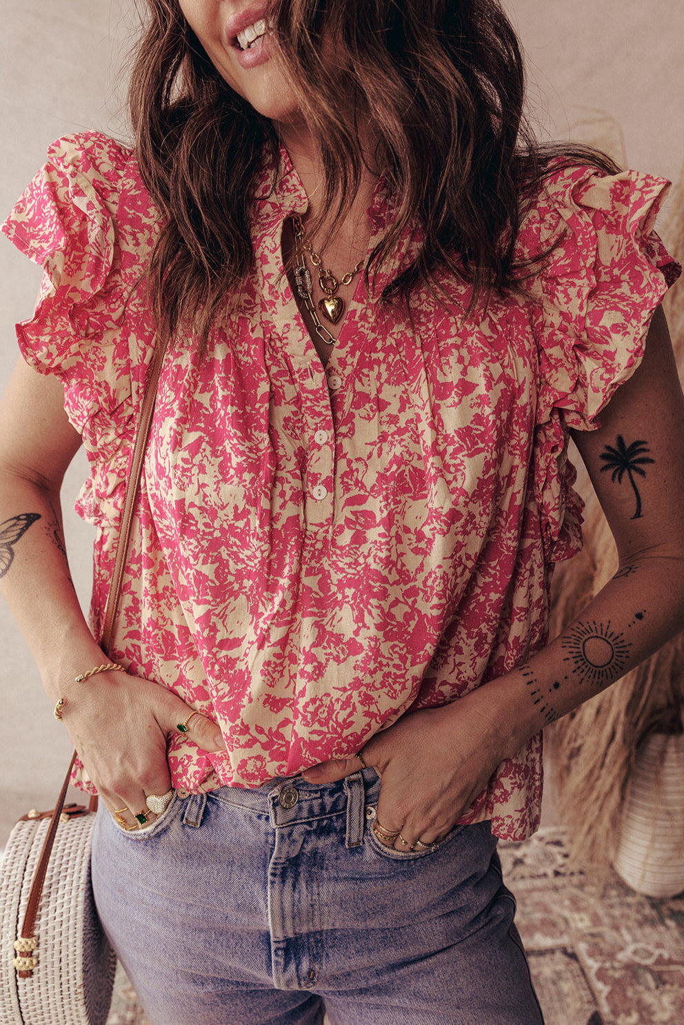 Boho Ruffle Sleeve Buttoned Blouse