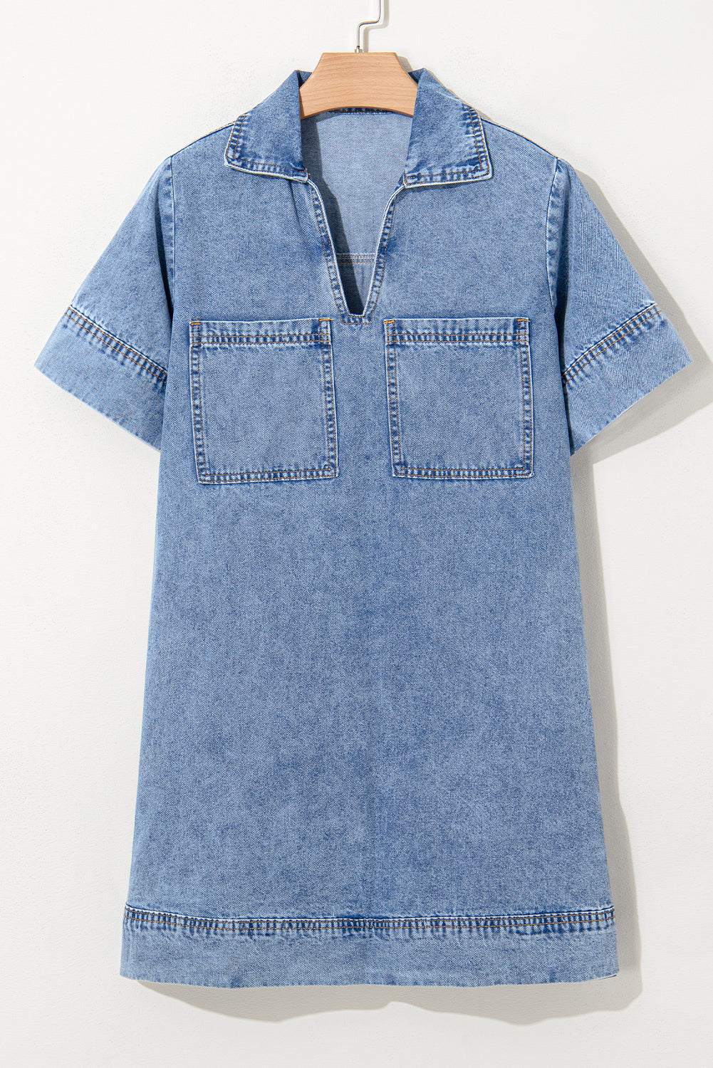 Denim Collared V-Neck Pocketed Dress