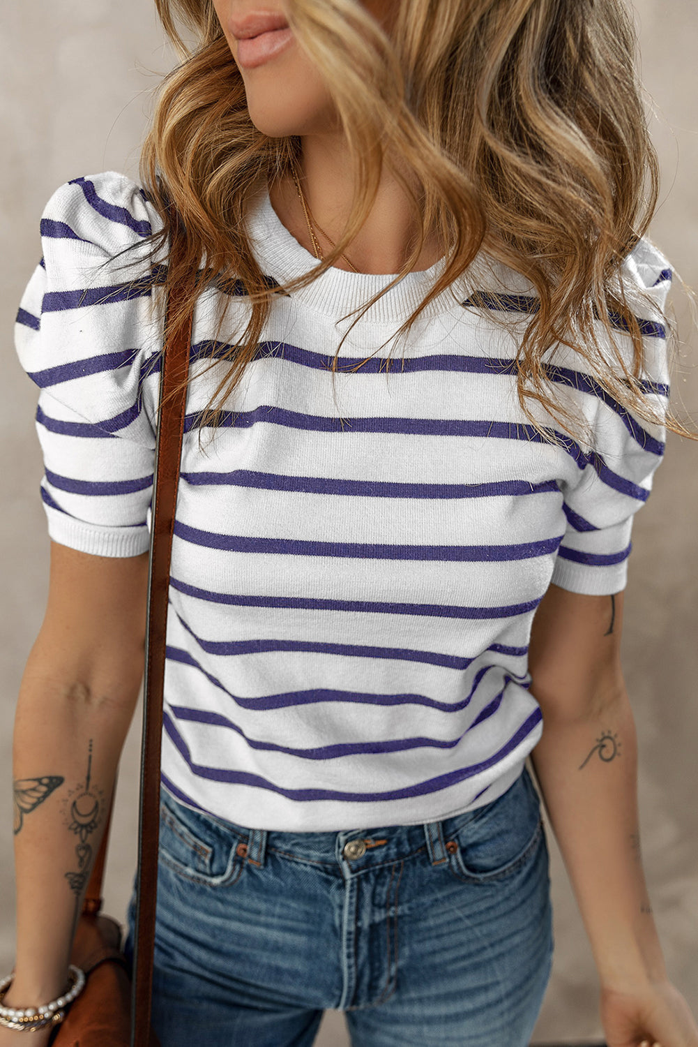 Stripe Ruched Bubble Sleeve Top