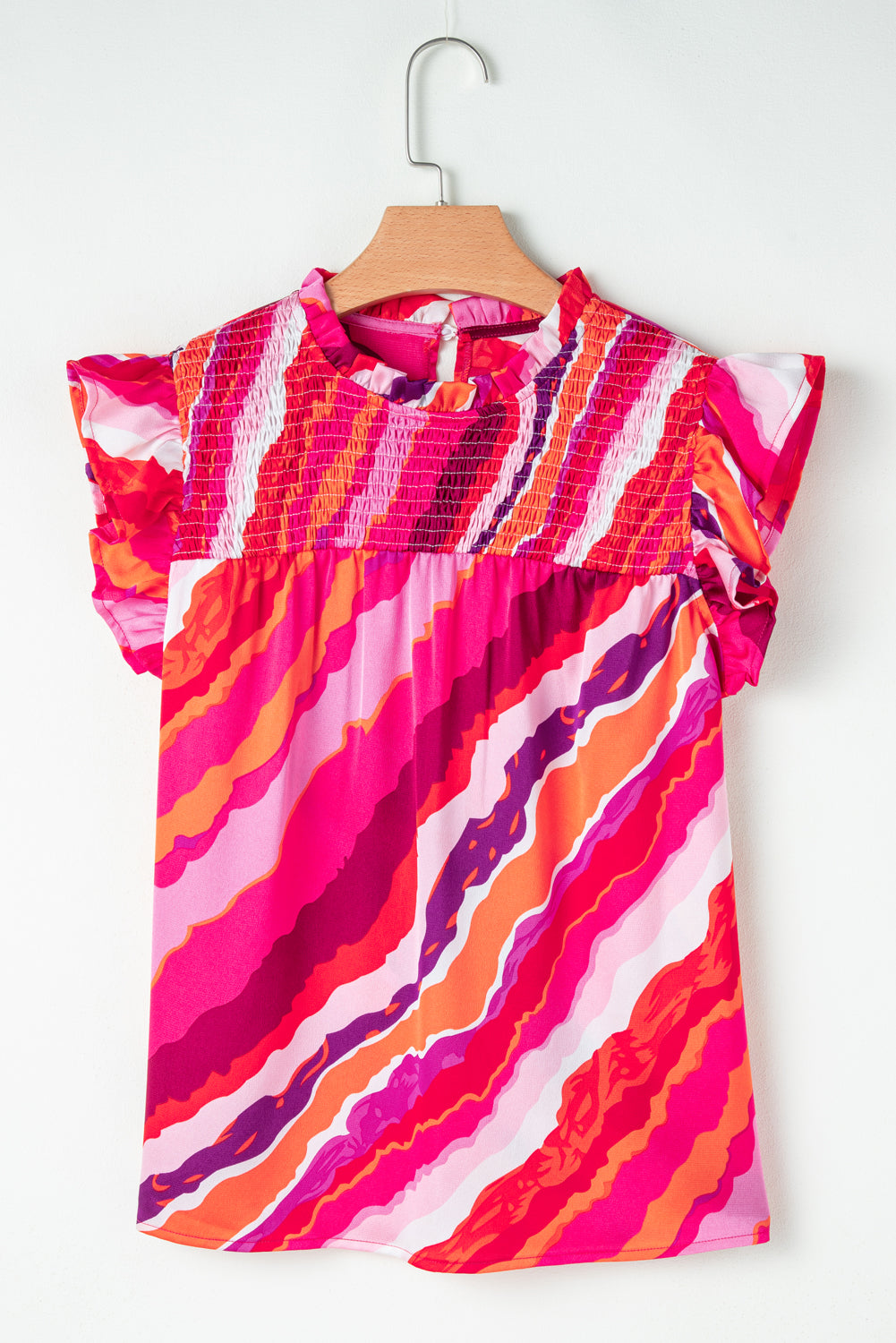 Abstract Shirred Ruffle Sleeve Blouse