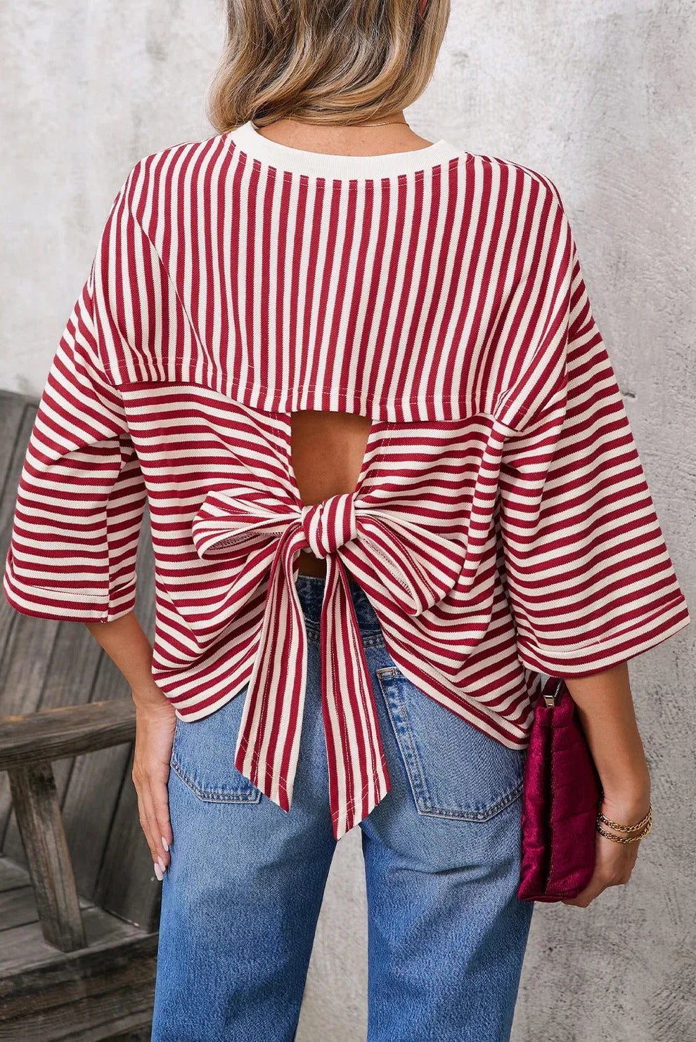 Stripe Bow Back Cutout Tee