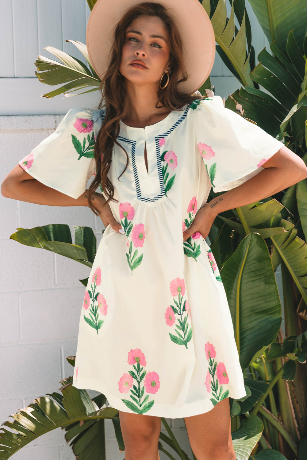 Floral Split Neck Mini Dress