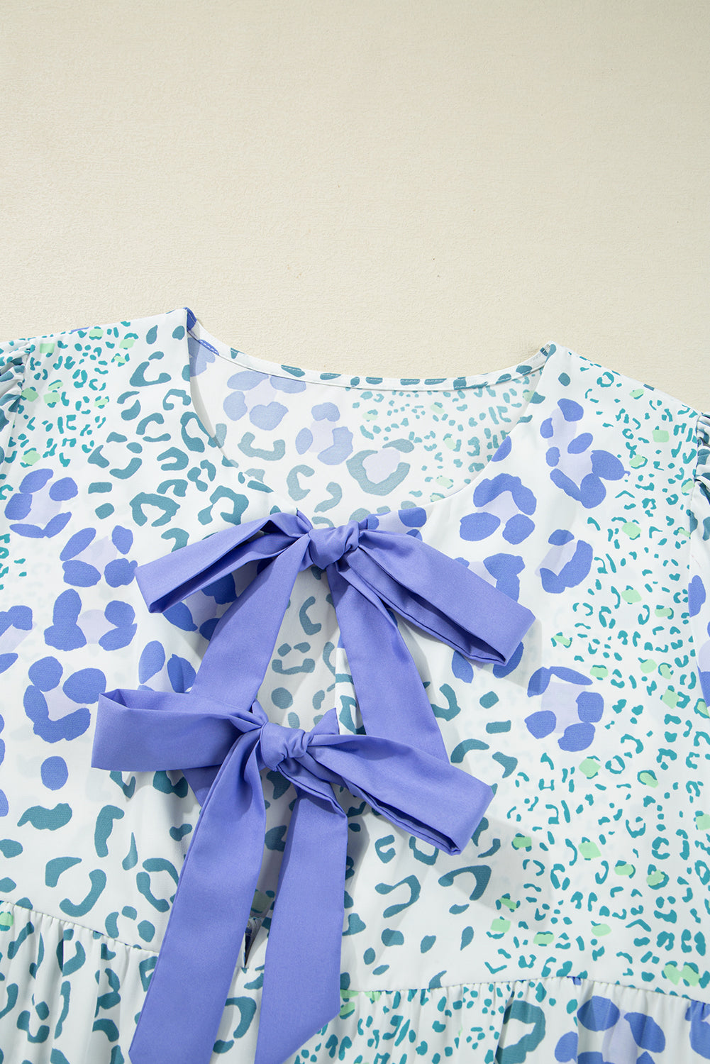 Leopard Contrast Bow Puff Sleeve Dress