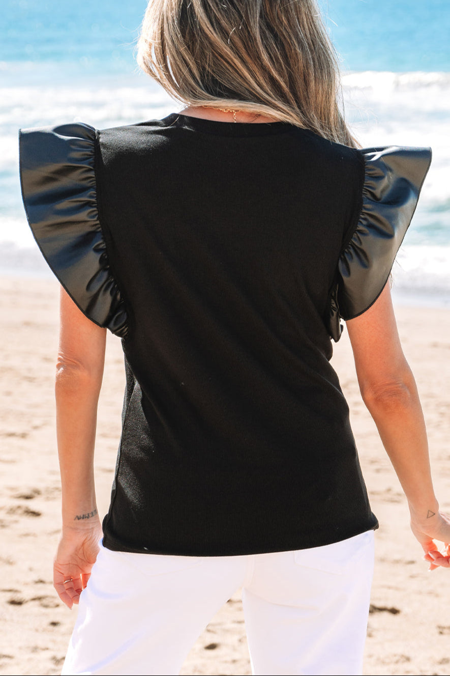 Leather Patchwork Ruffle Sleeve Blouse
