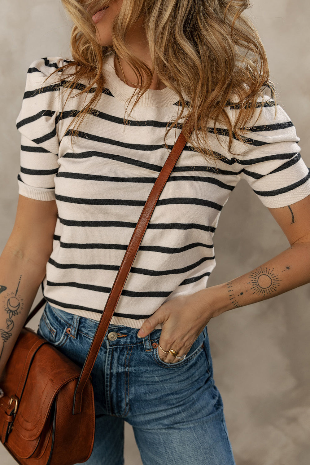 Stripe Ruched Bubble Sleeve Top