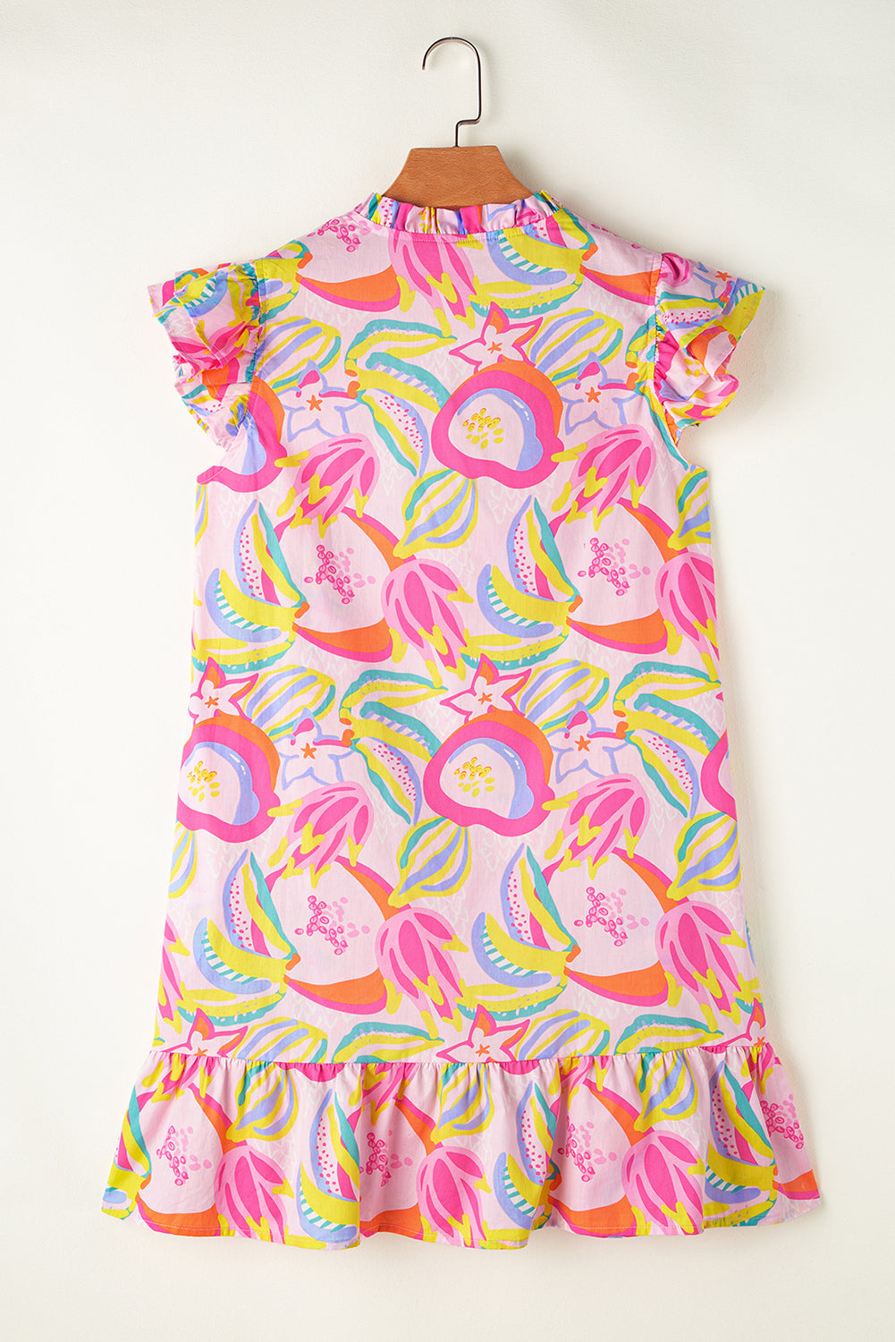 Abstract Floral Ruffle Buttoned Dress
