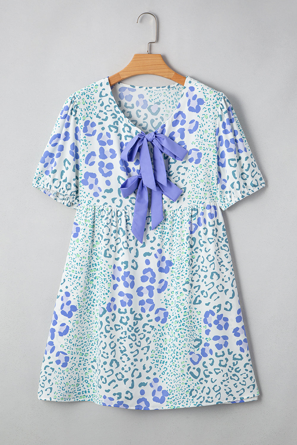 Leopard Contrast Bow Puff Sleeve Dress