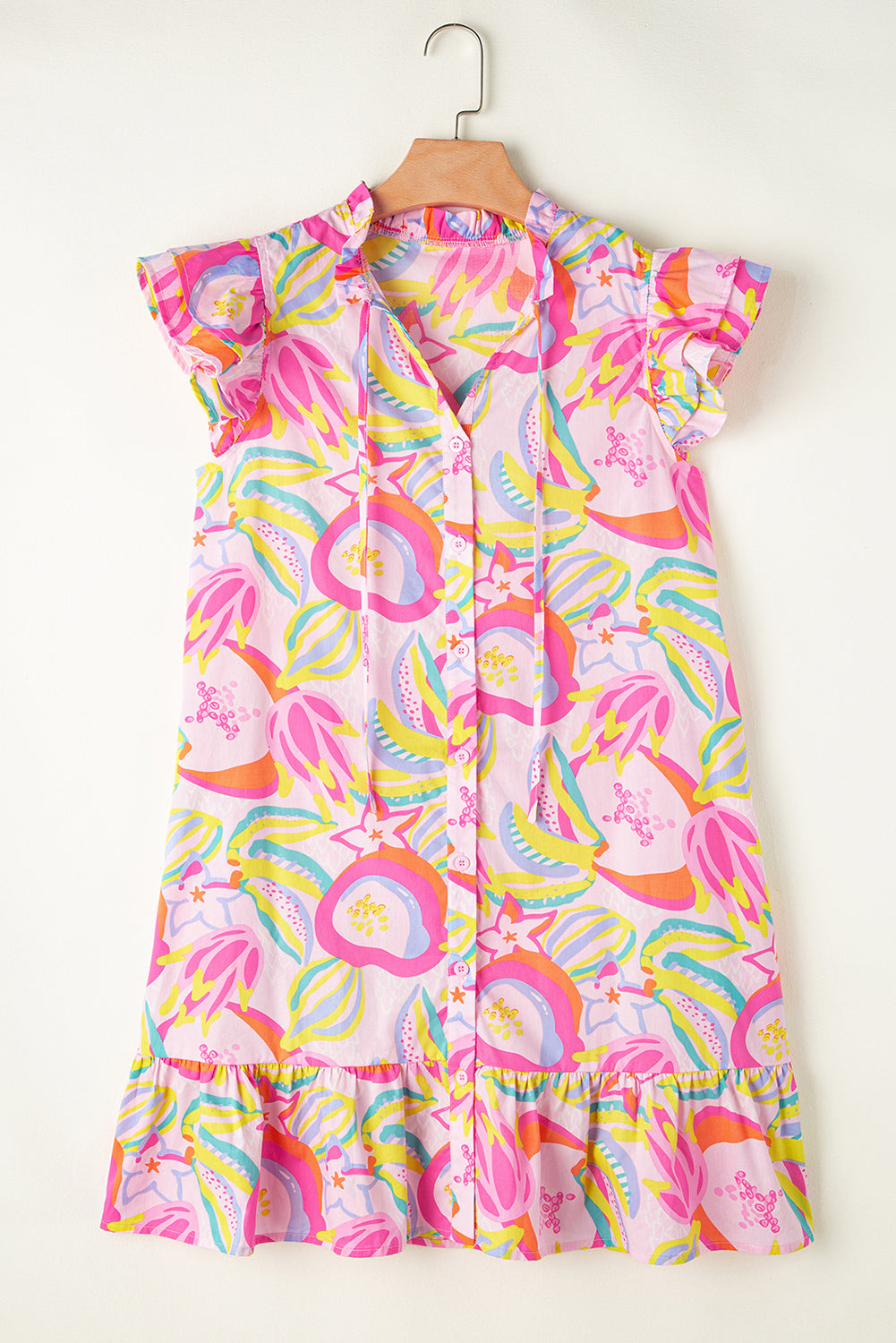 Abstract Floral Ruffle Buttoned Dress