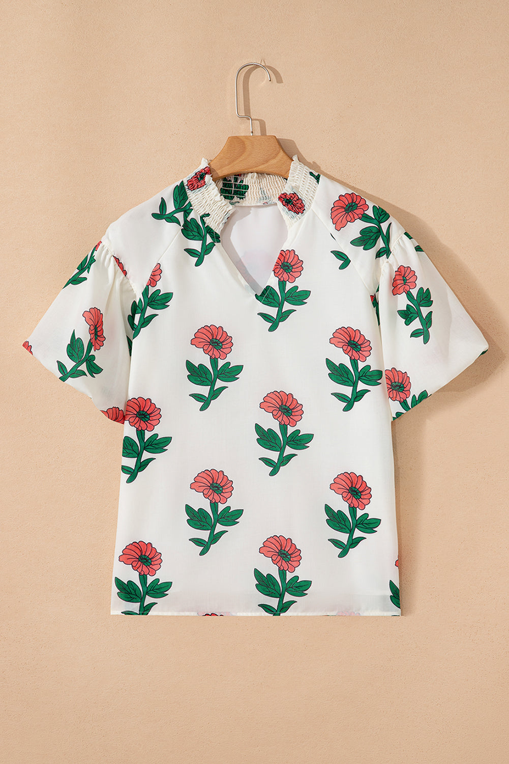 Floral Shirred Split Neck Blouse
