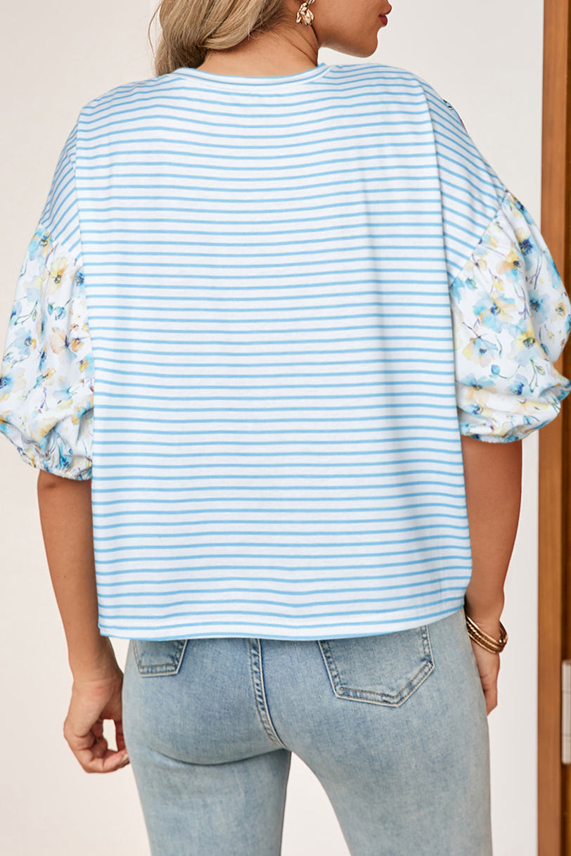 Stripe Floral 3/4 Puff Sleeve Top