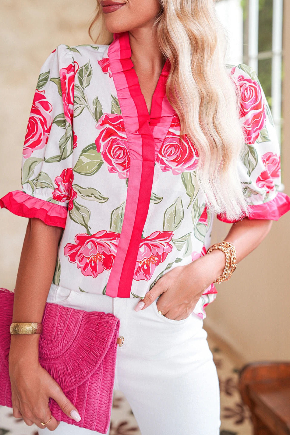 Floral Contrast Frilled V-Neck Blouse