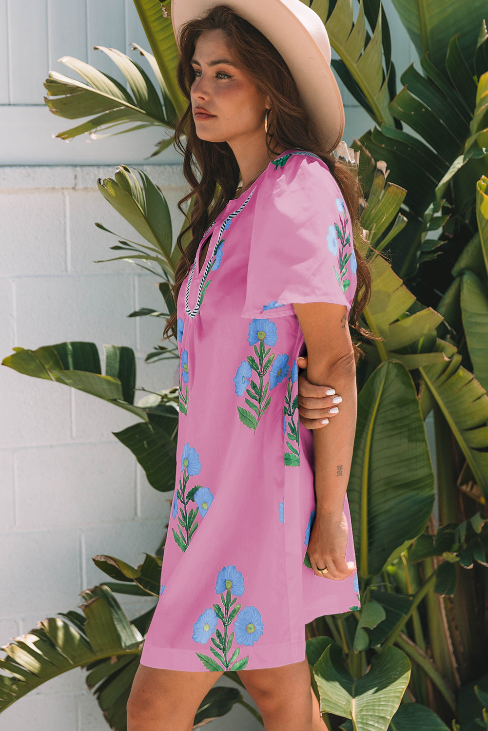 Floral Split Neck Mini Dress