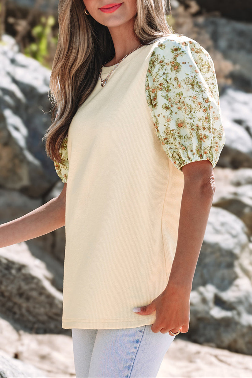 Floral Patchwork Bubble Sleeve Top