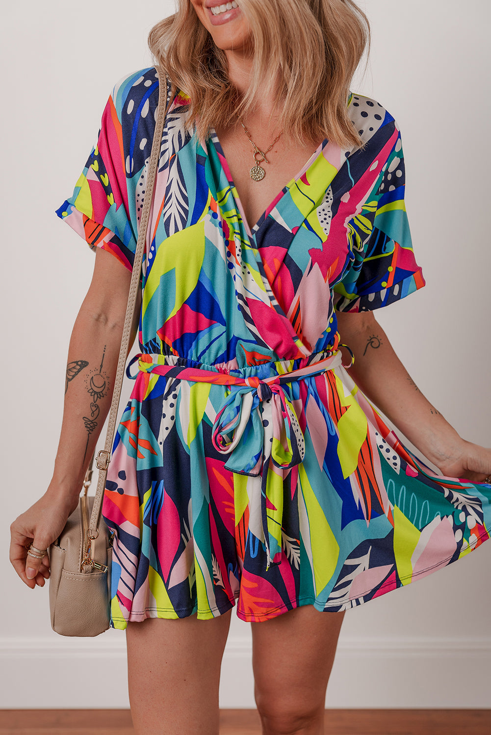 Tropical Wrap V-Neck Belted Romper