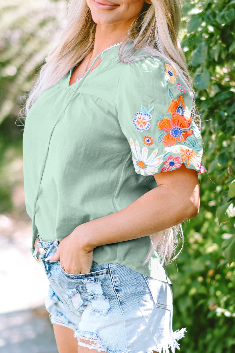 Floral Embroidered Puff Sleeve Blouse