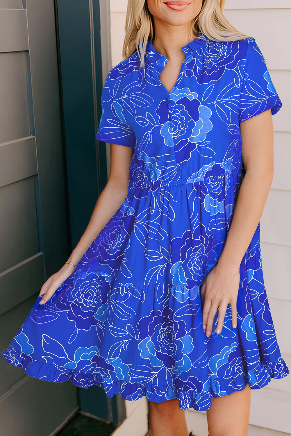 Floral V-Neck Short Sleeve Mini Dress