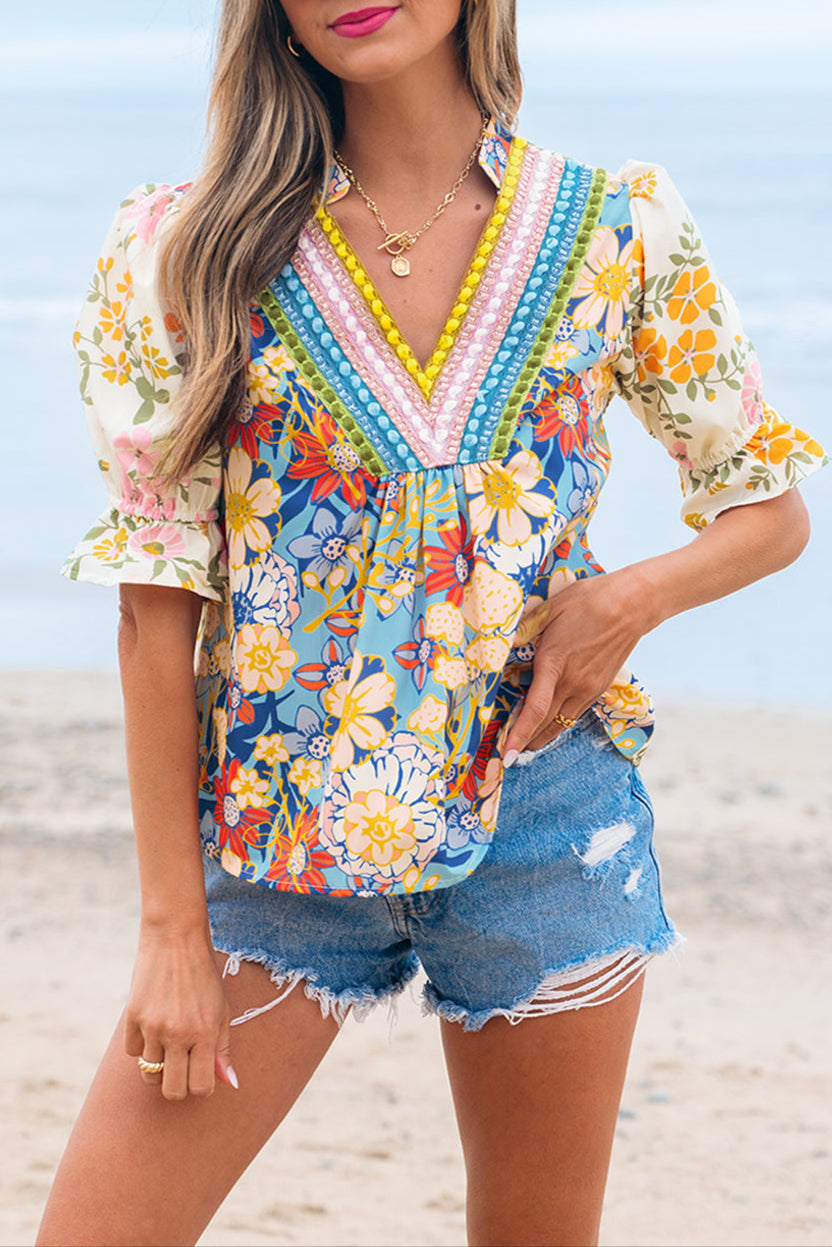 Boho Floral Crochet V-Neck Blouse