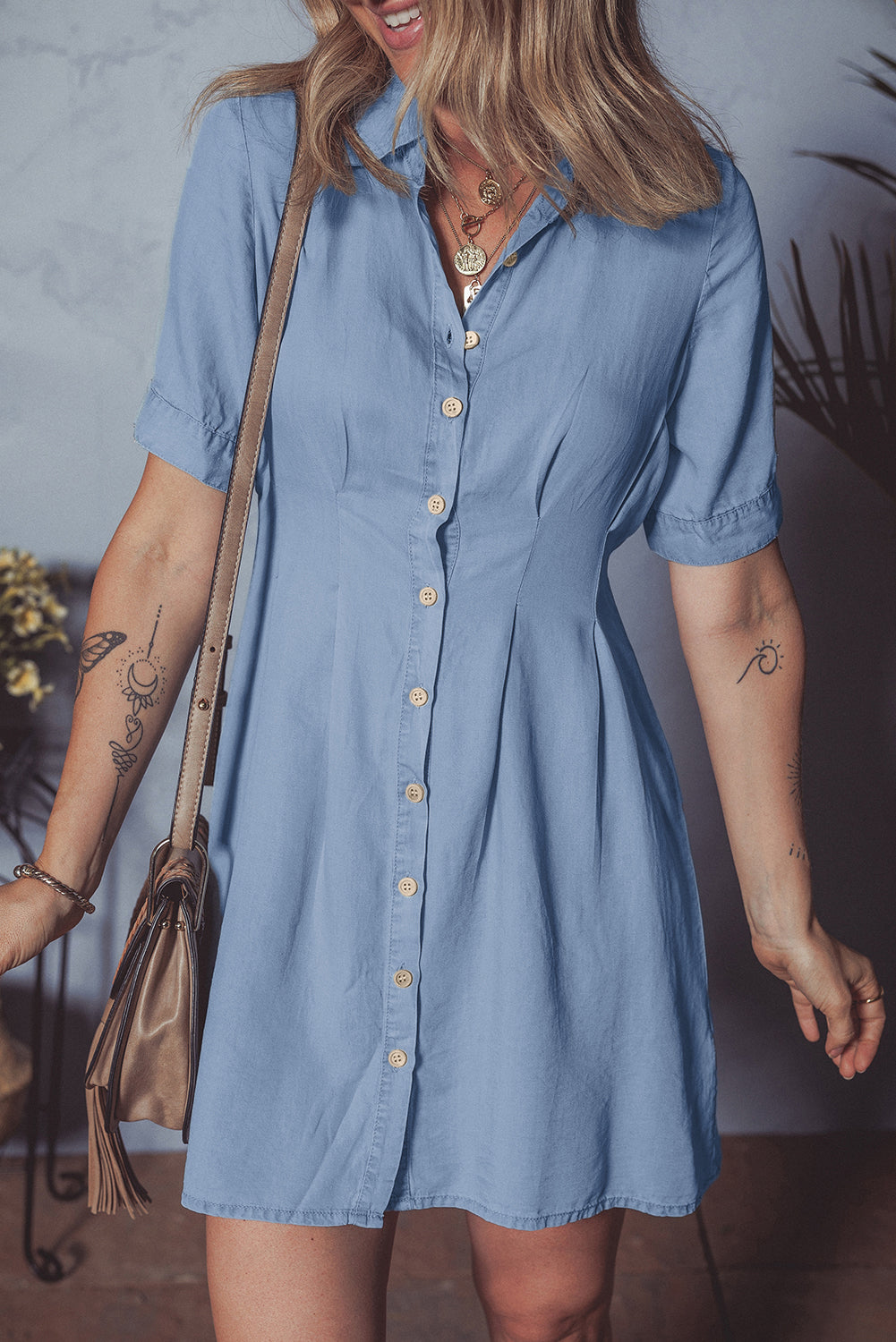Denim Pleated Short Sleeve Shirt Dress