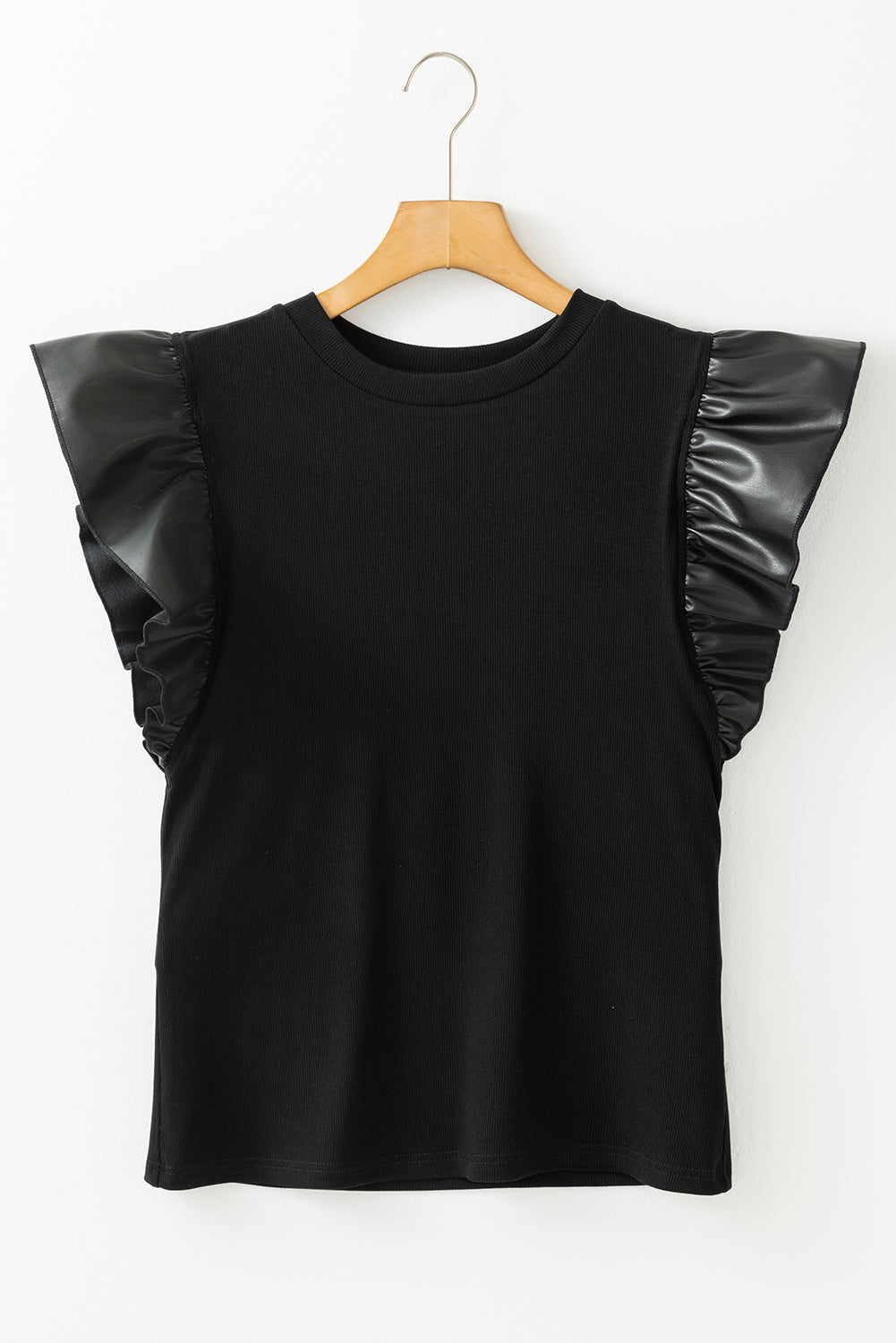 Leather Patchwork Ruffle Sleeve Blouse