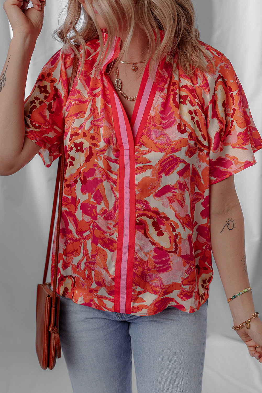Abstract Stripe Trim Split Neck Blouse