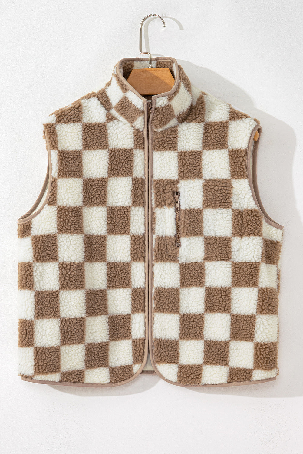 Checker Sherpa Collared Zip Up Vest