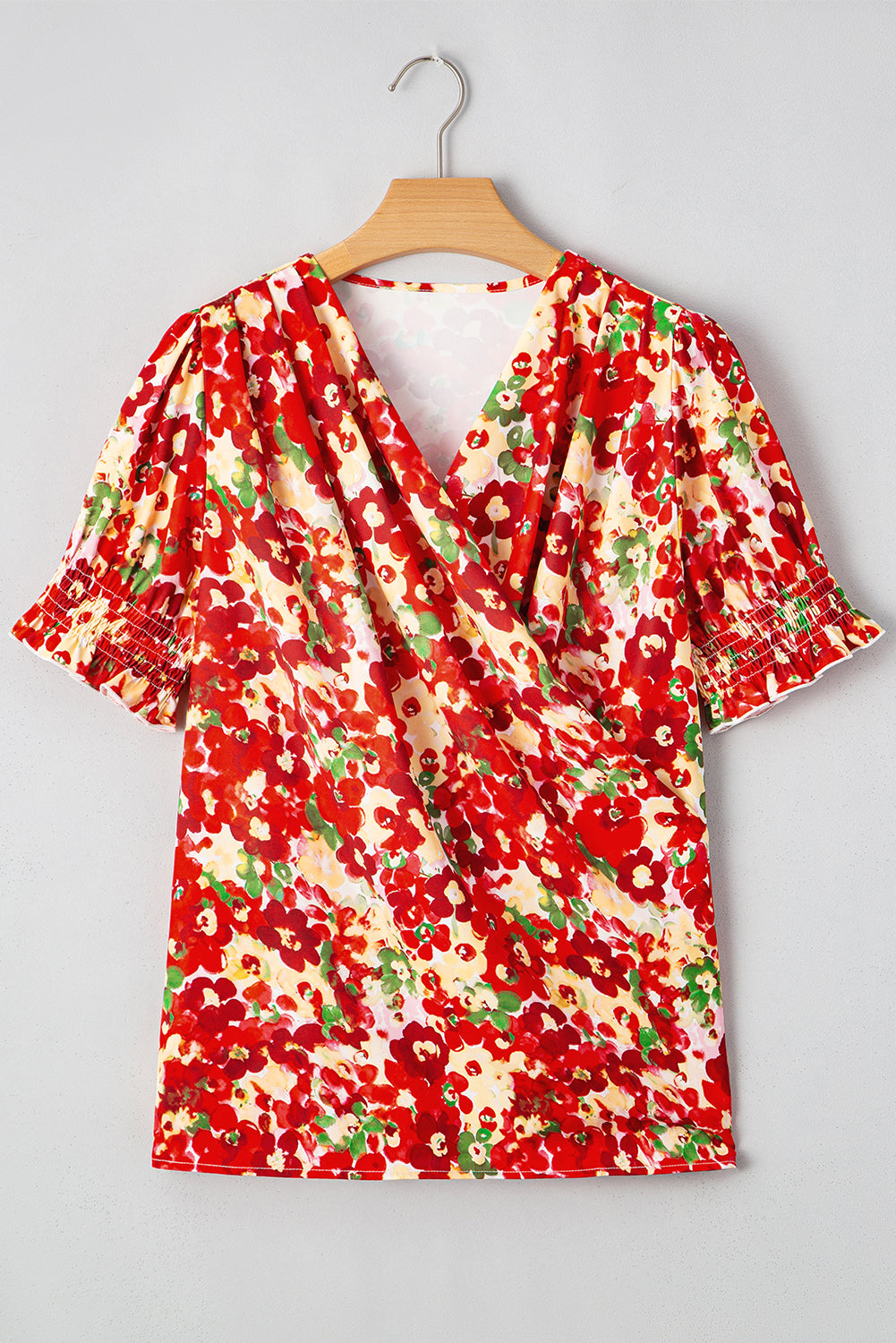 Floral Pleated Wrap V-Neck Blouse