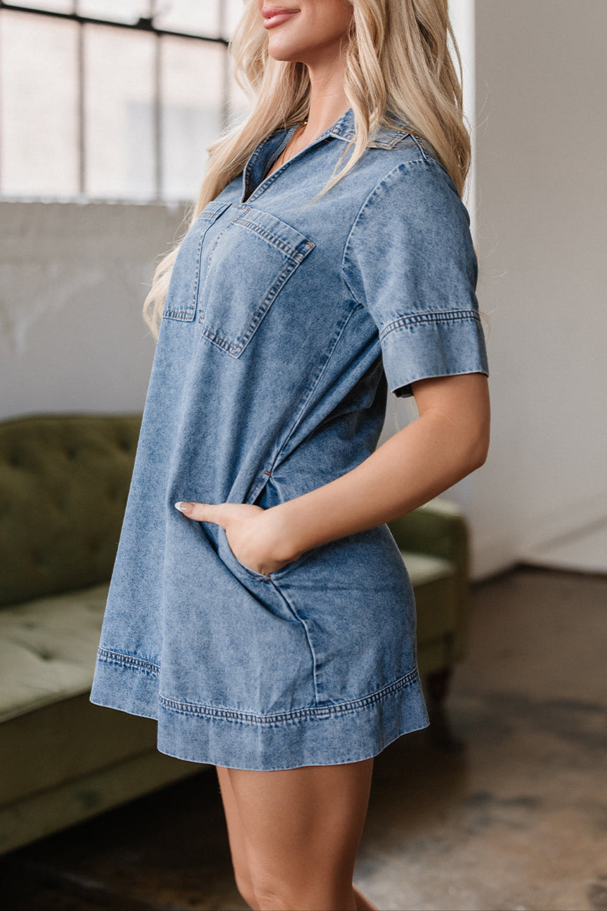 Denim Collared V-Neck Pocketed Dress