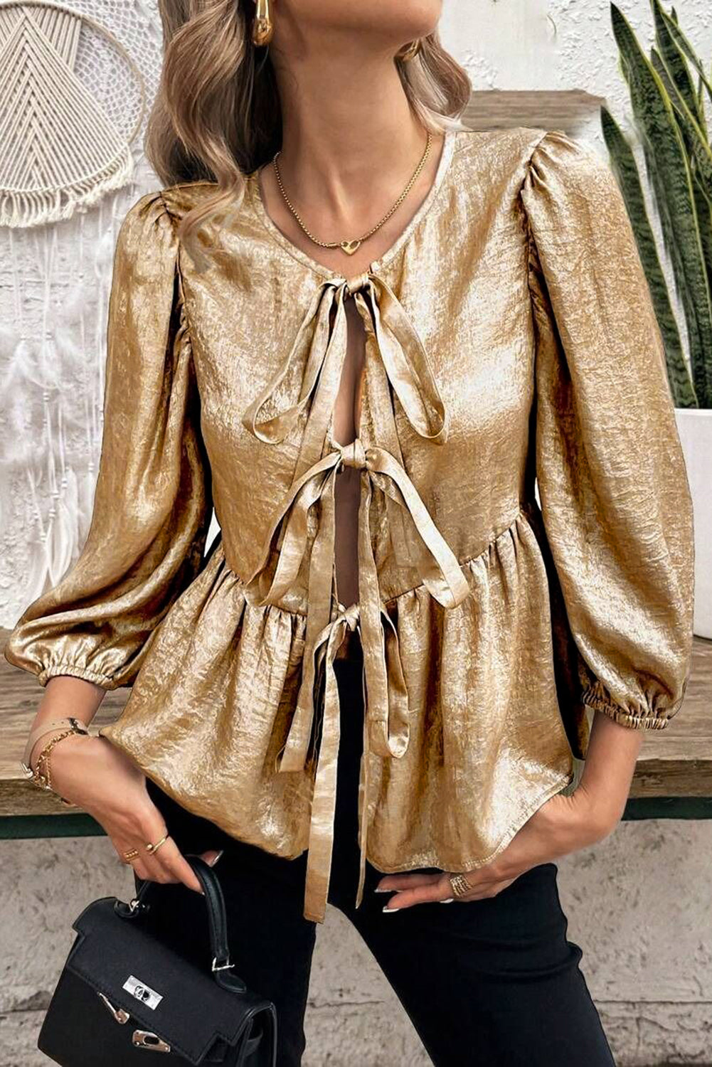 Metallic Bow Tie Front Peplum Blouse