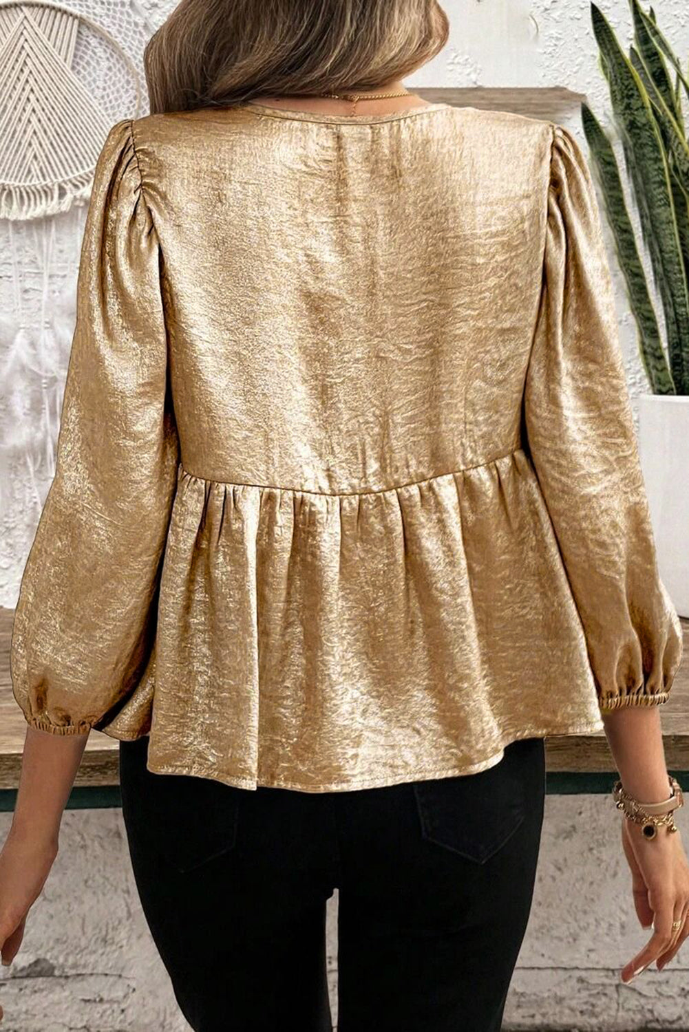 Metallic Bow Tie Front Peplum Blouse