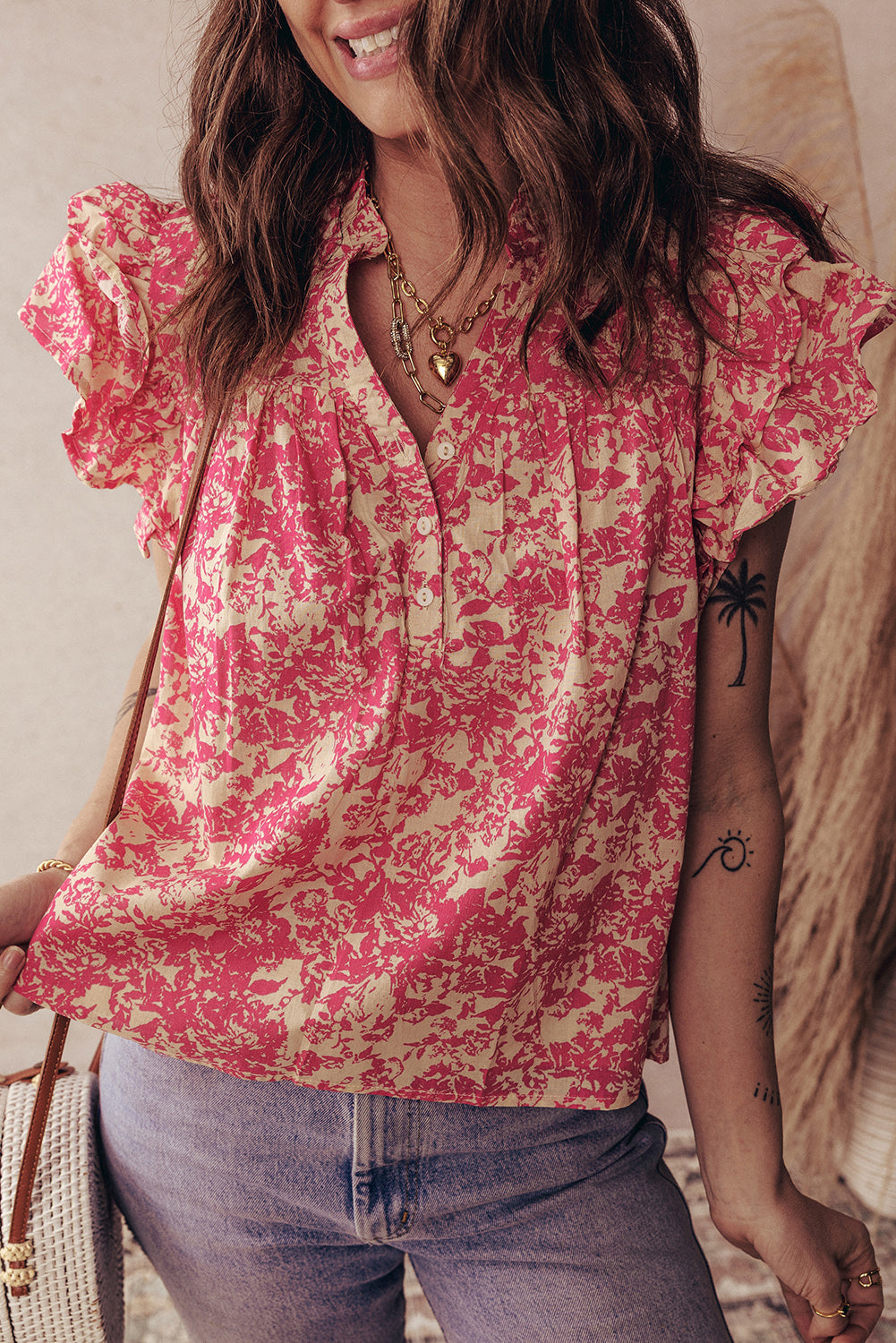 Boho Ruffle Sleeve Buttoned Blouse