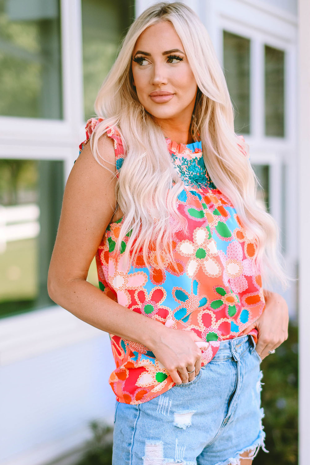 Floral Embroidered Frilled Tank Top