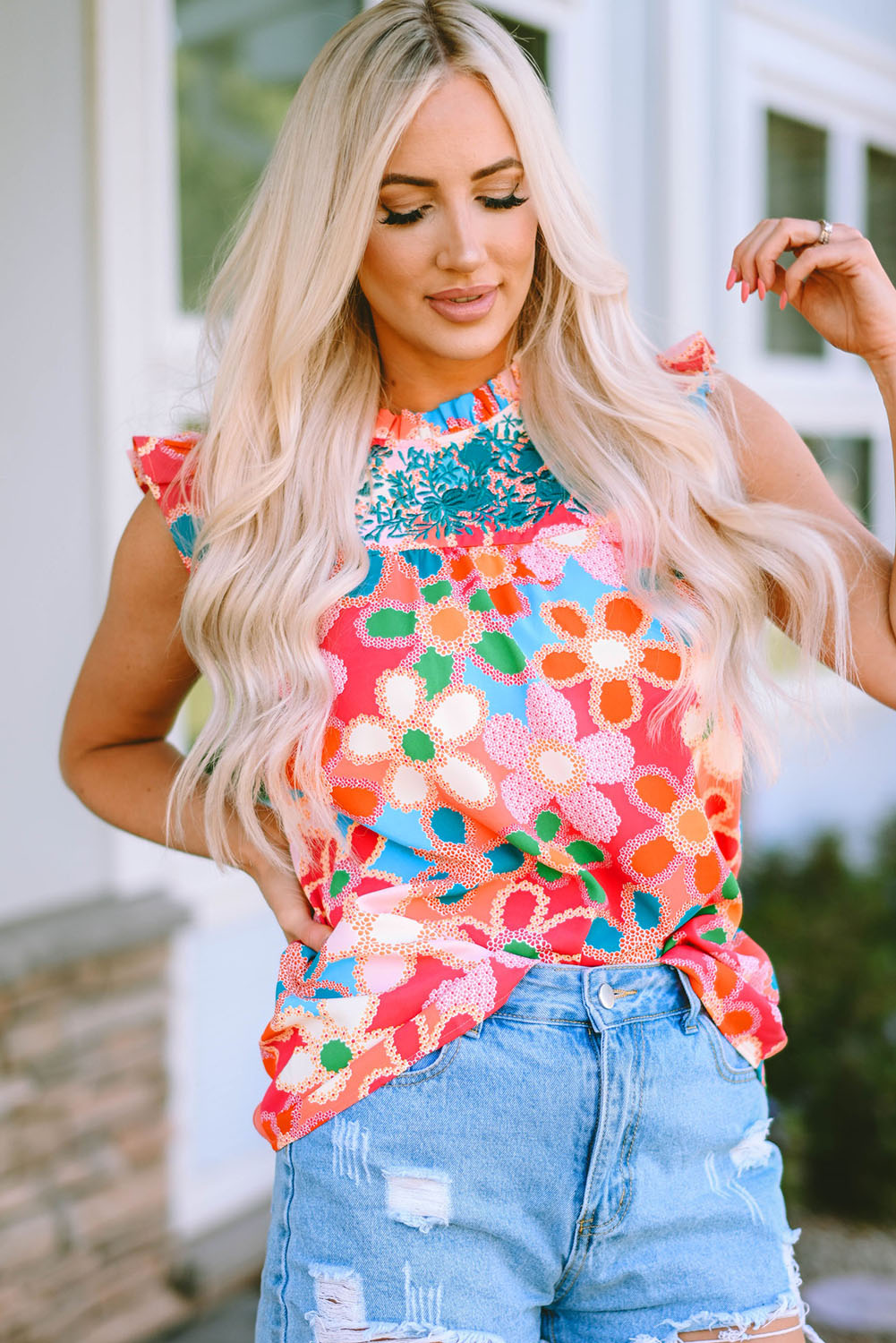 Floral Embroidered Frilled Tank Top