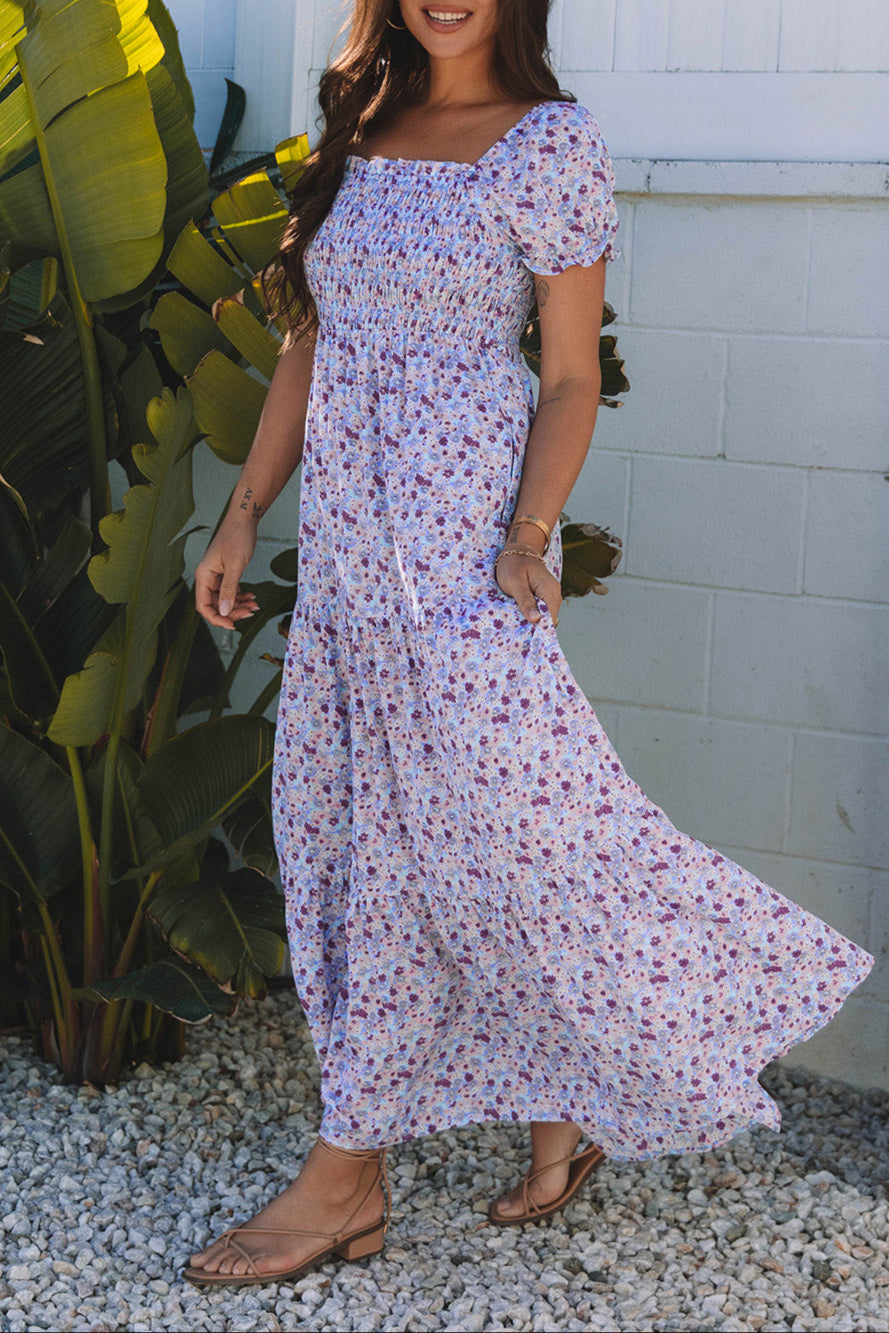 Floral Bubble Sleeve Maxi Dress