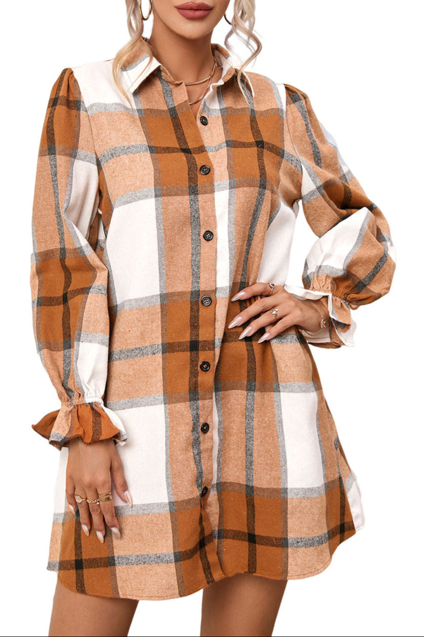 Plaid Ruffle Sleeve Shirt Dress