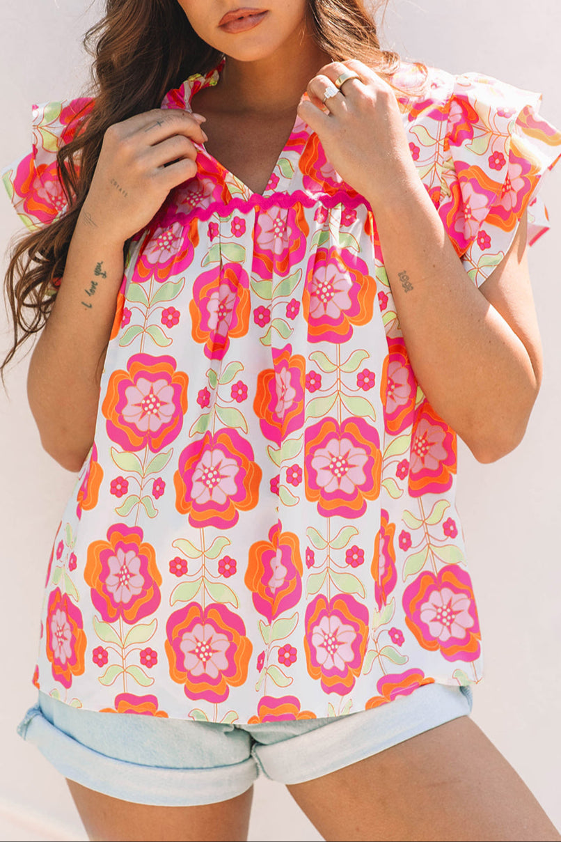 Floral Ric-Rac Ruffle Sleeve Blouse