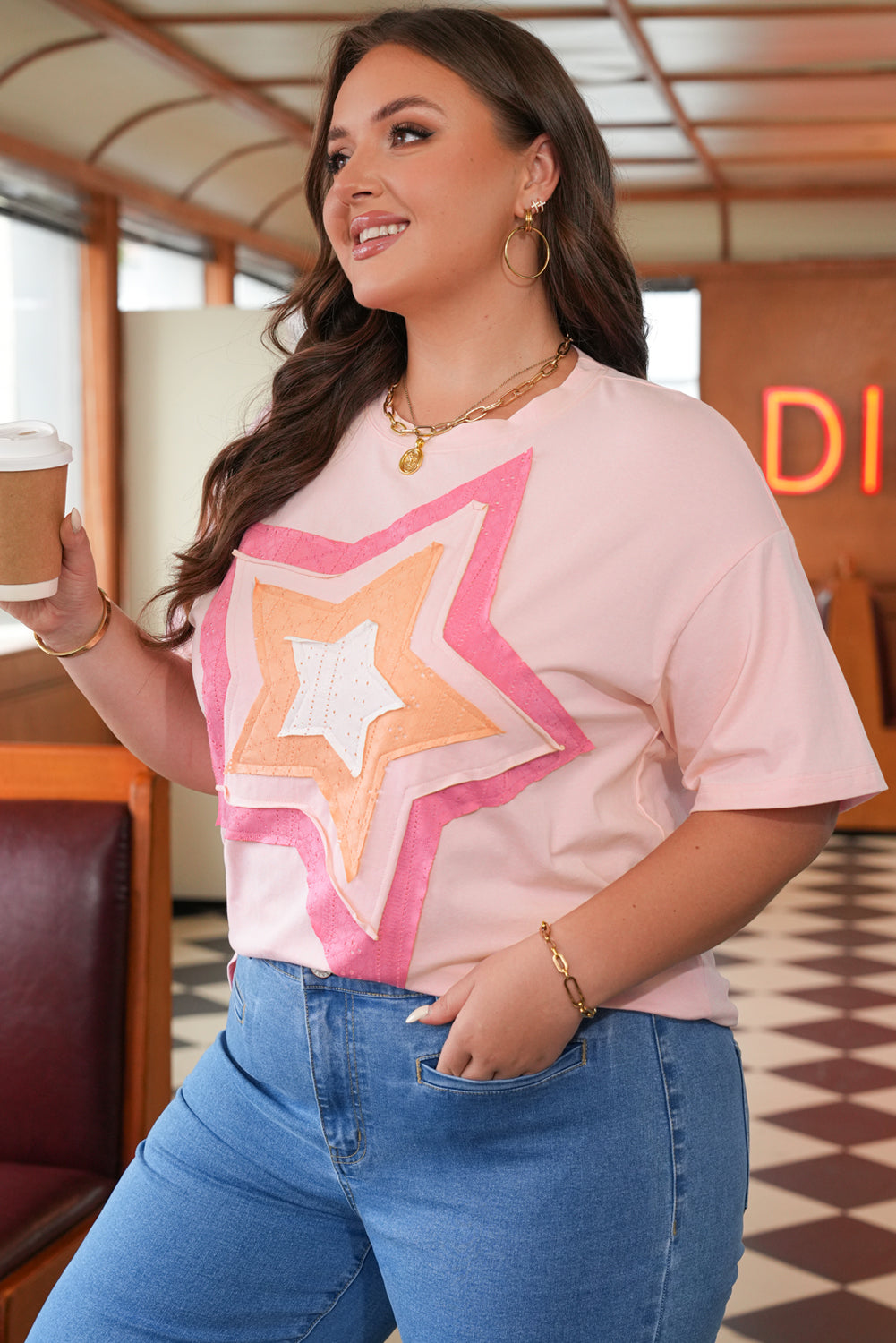 Plus Size Star Eyelet Knit Patchwork T-Shirt