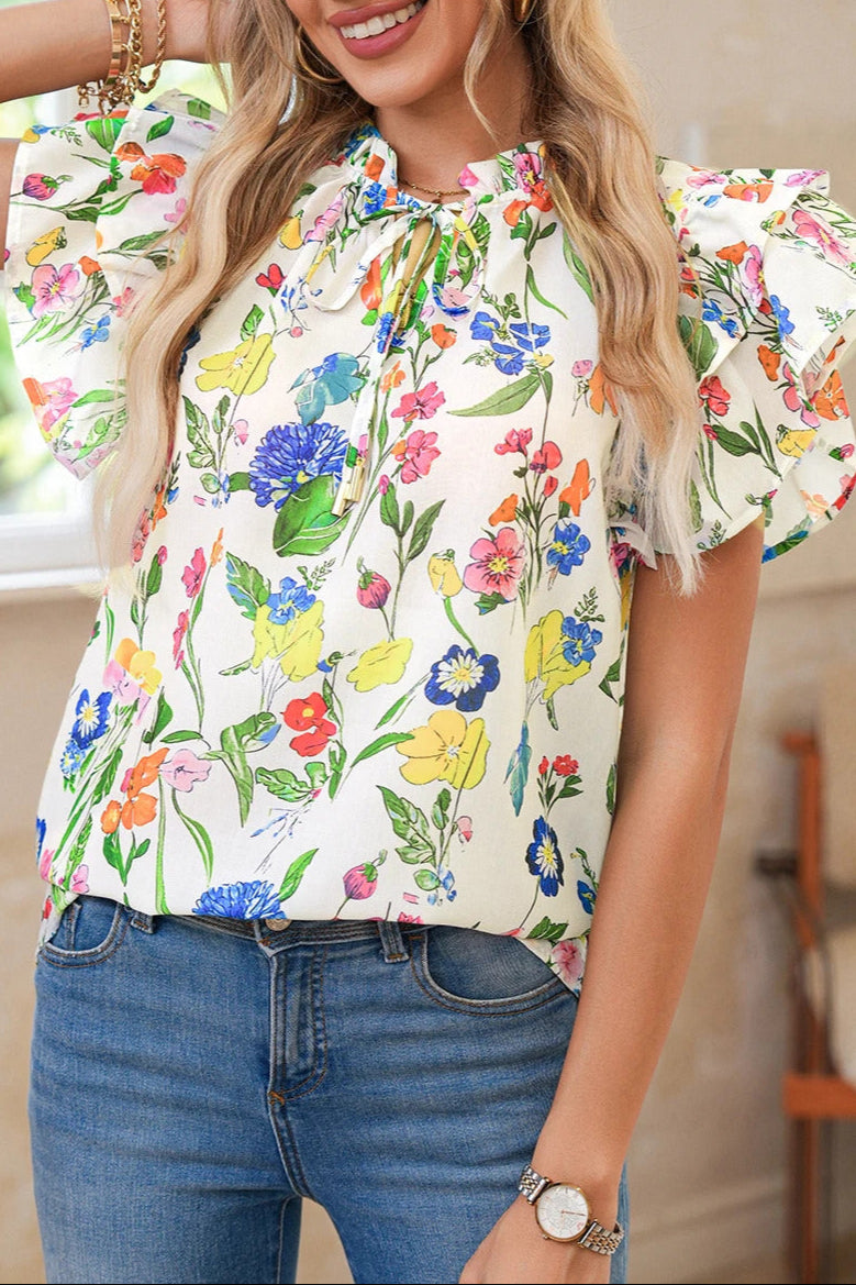 Floral Ruffle Tiered Sleeve Blouse
