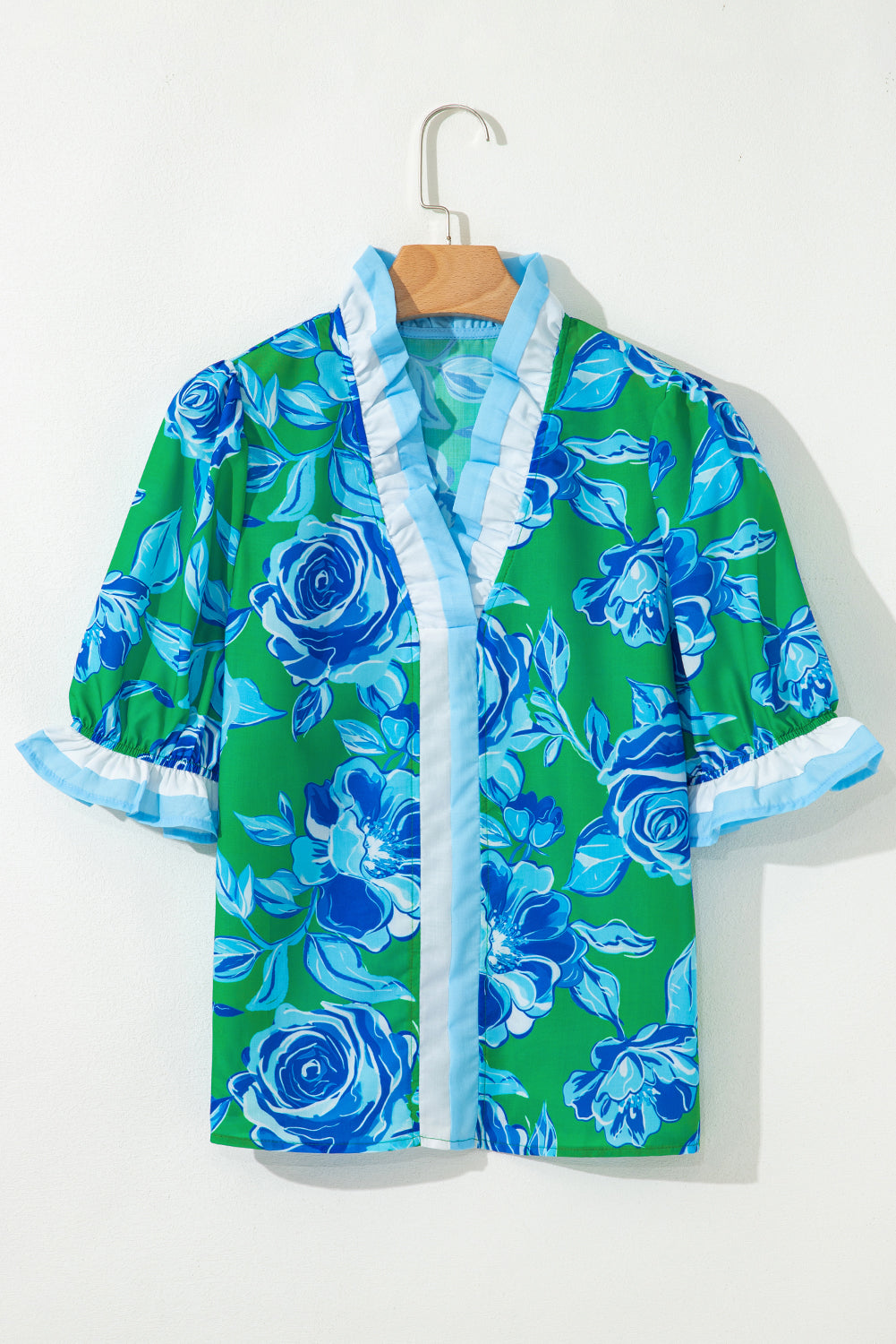 Floral Contrast Frilled V-Neck Blouse