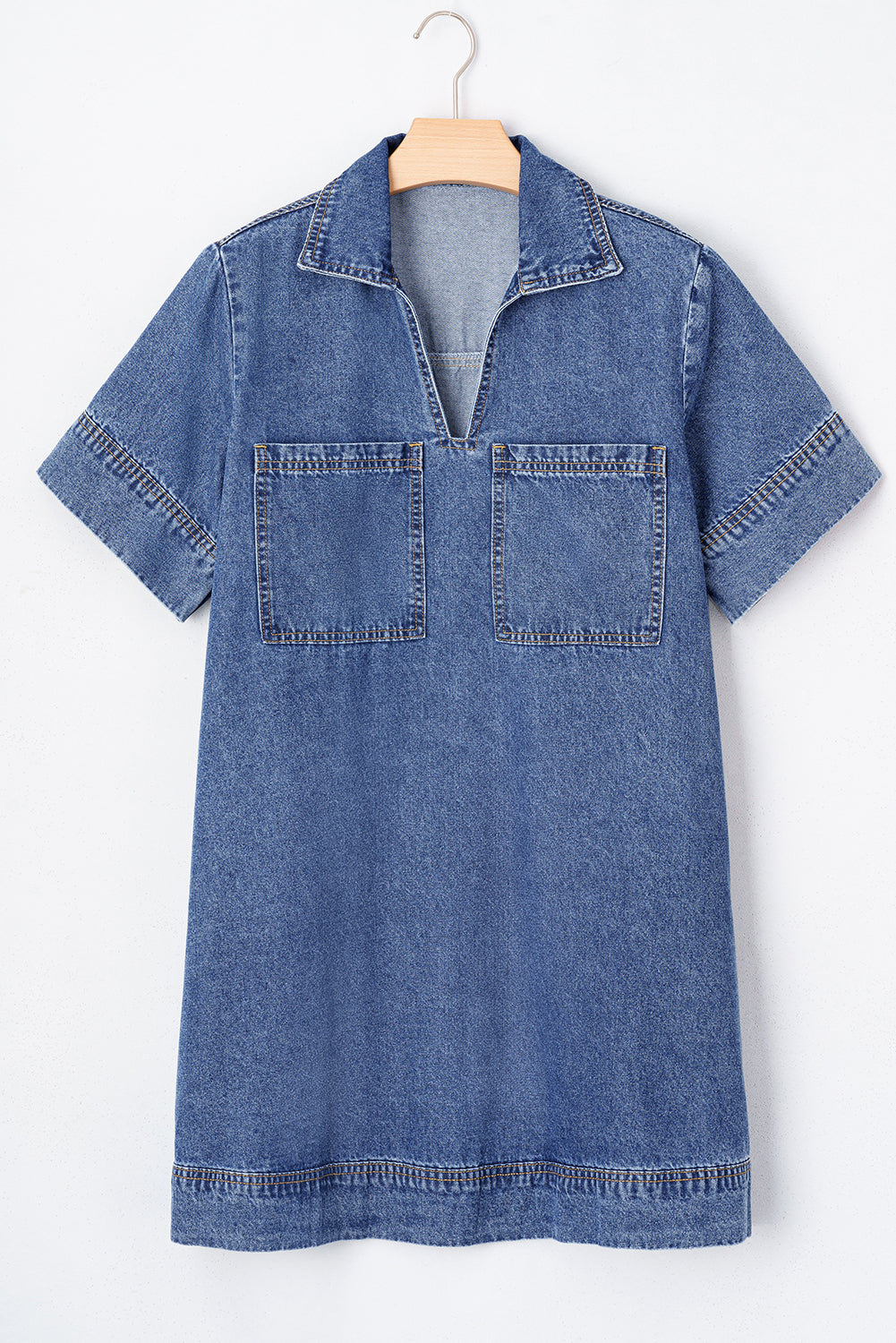 Denim Collared V-Neck Pocketed Dress