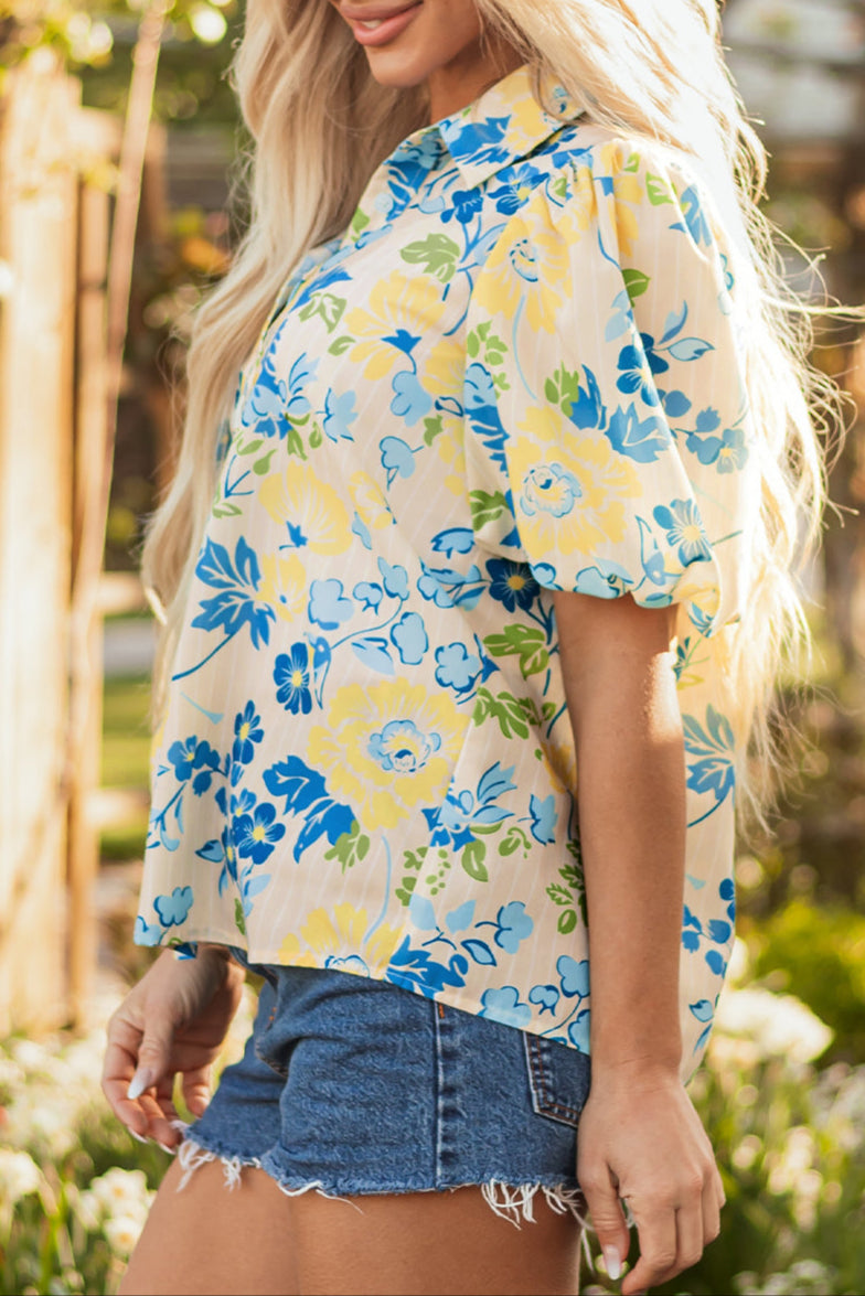 Floral Stripe Puff Sleeve Blouse
