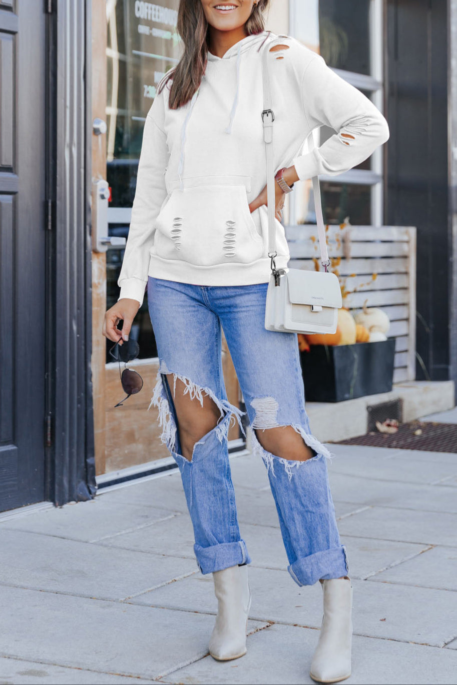 Solid Ripped Hooded Sweatshirt