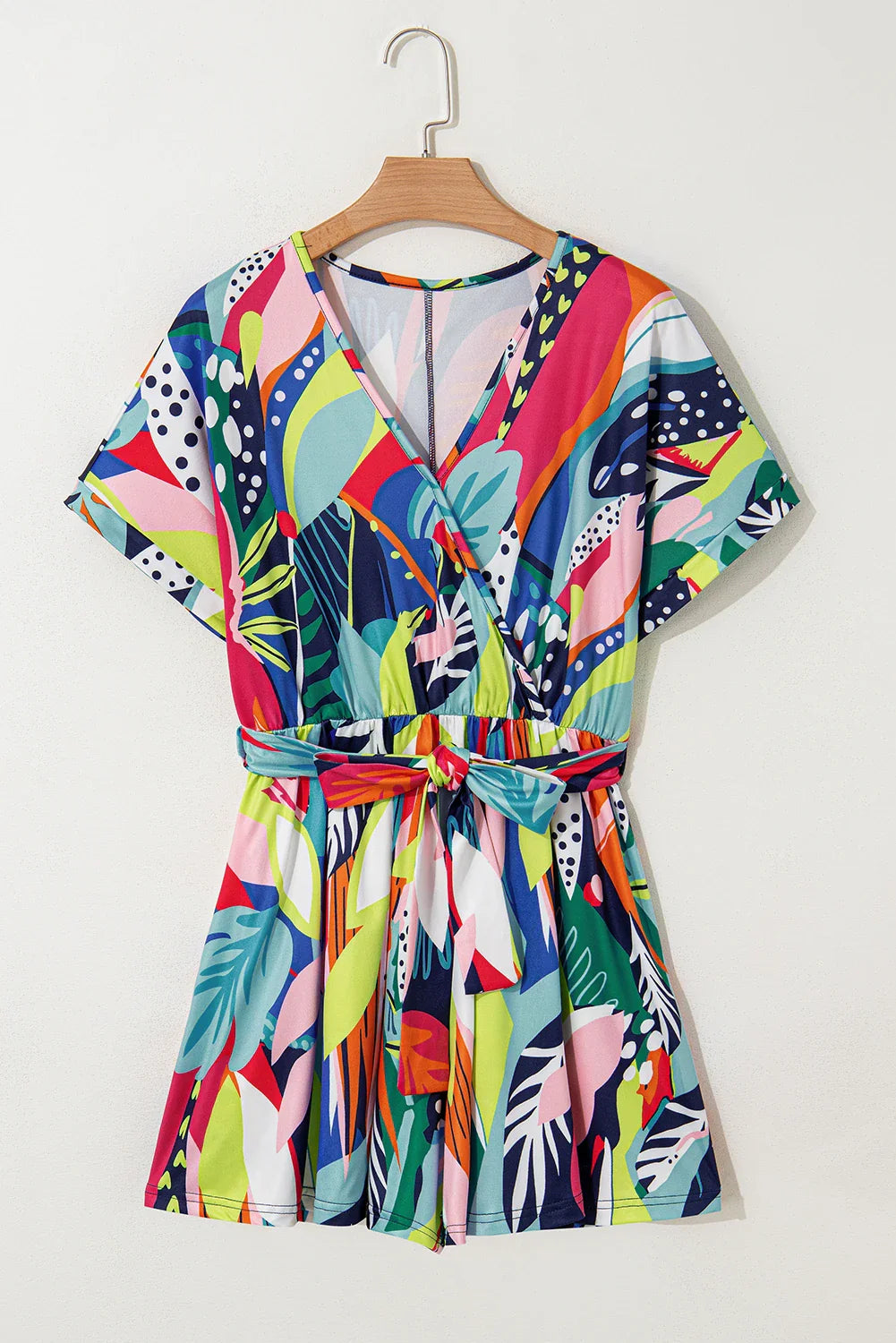 Tropical Wrap V-Neck Belted Romper