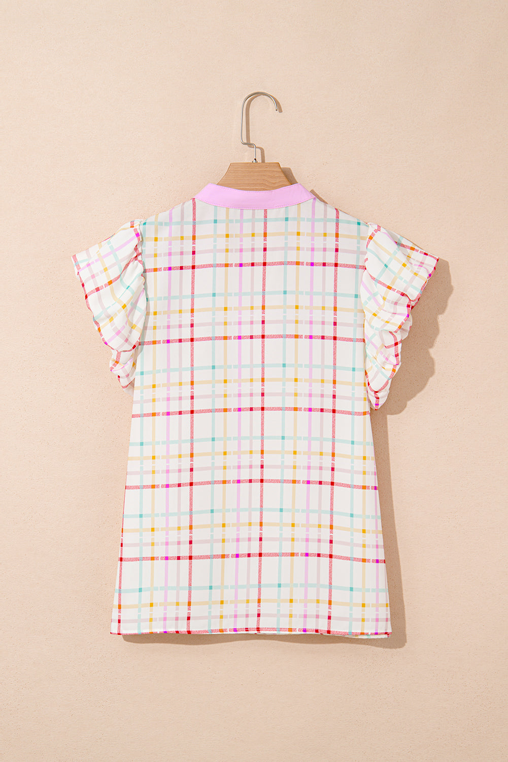 Plaid Colorblock Flutter Sleeve Blouse