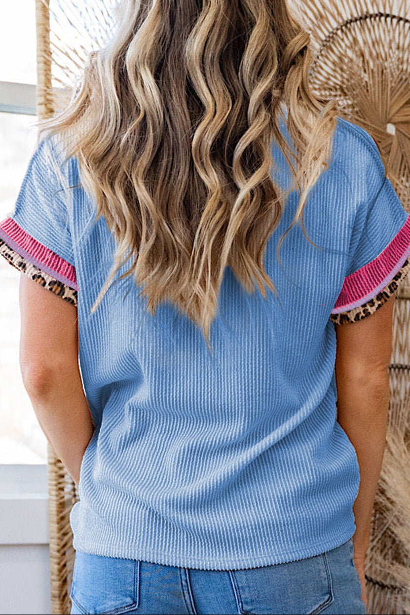 Leopard Colorblock Corded Knit T-Shirt
