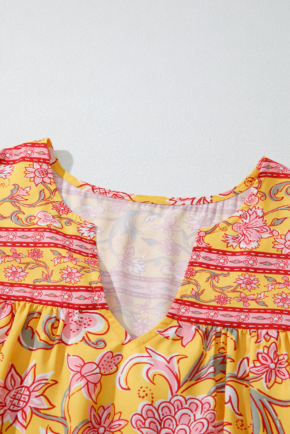 Floral Ruffle Sleeve Notched Neck Blouse