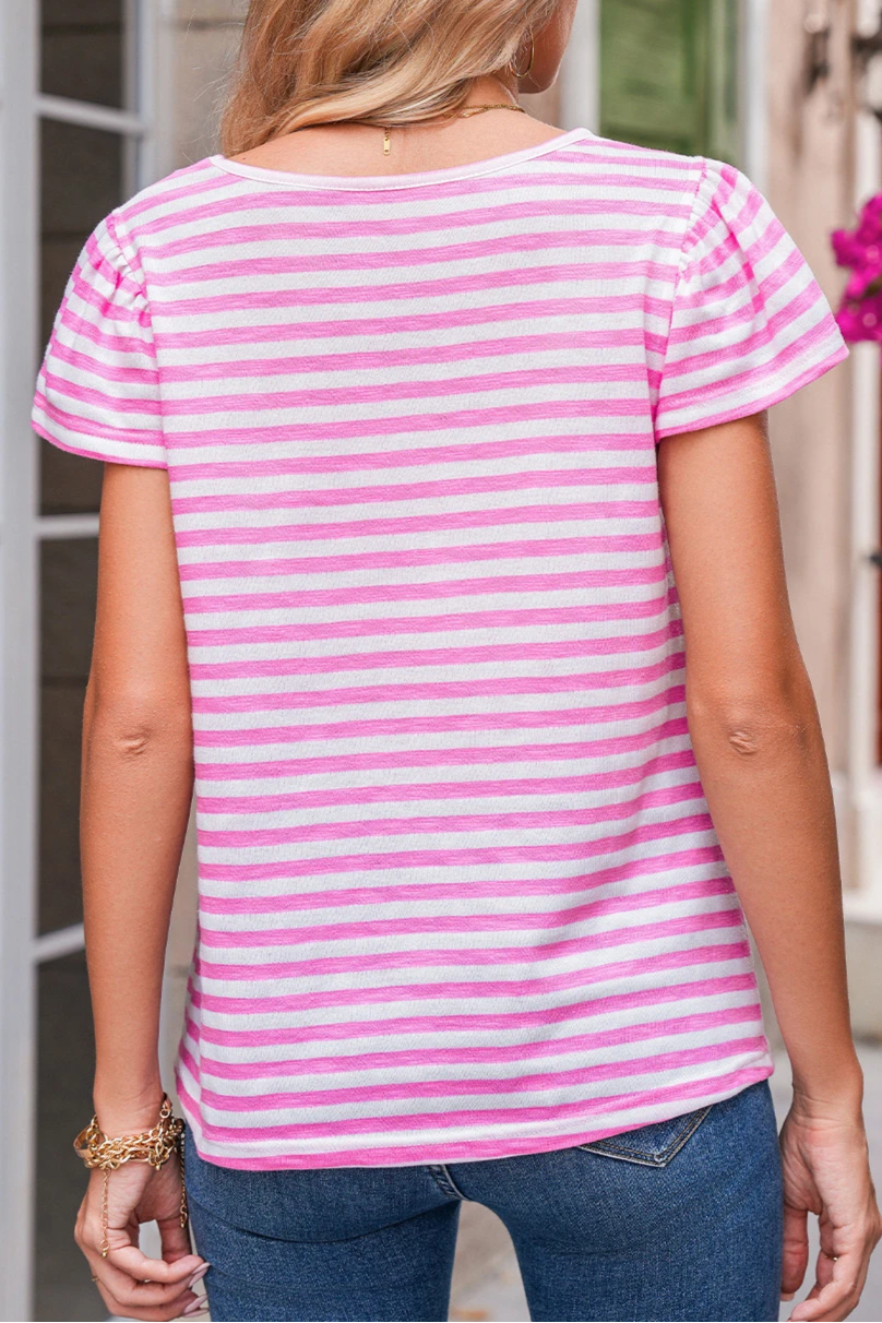 Stripe V-Neck Ruffle Sleeve Top