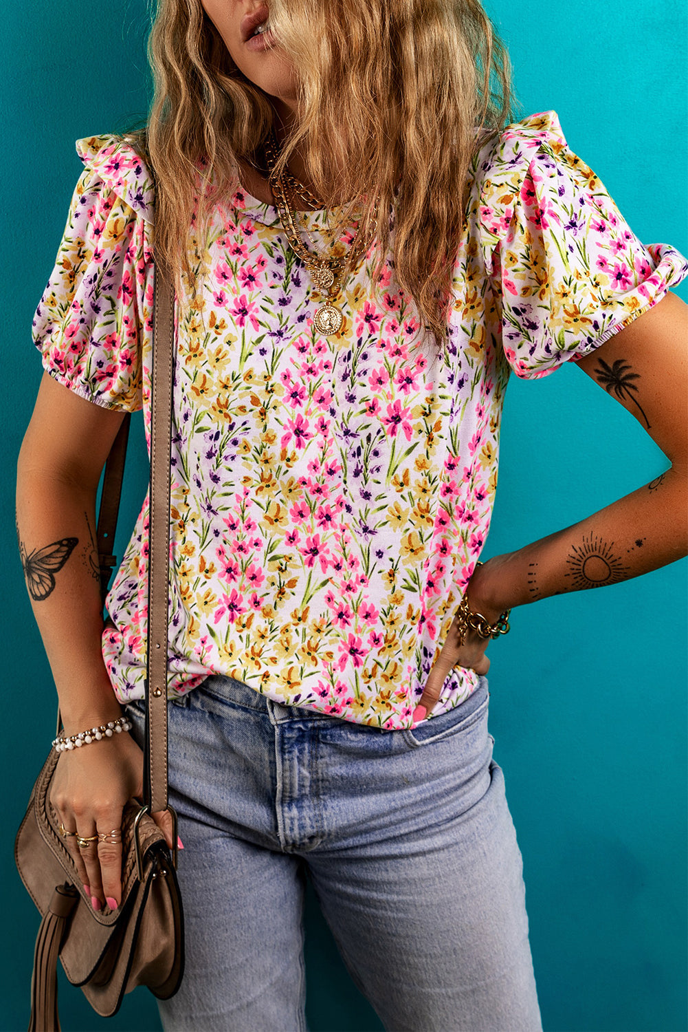 Floral Ruffle Puff Sleeve Blouse