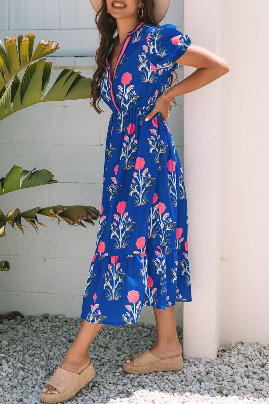 Floral Puff Sleeve V-Neck Midi Dress