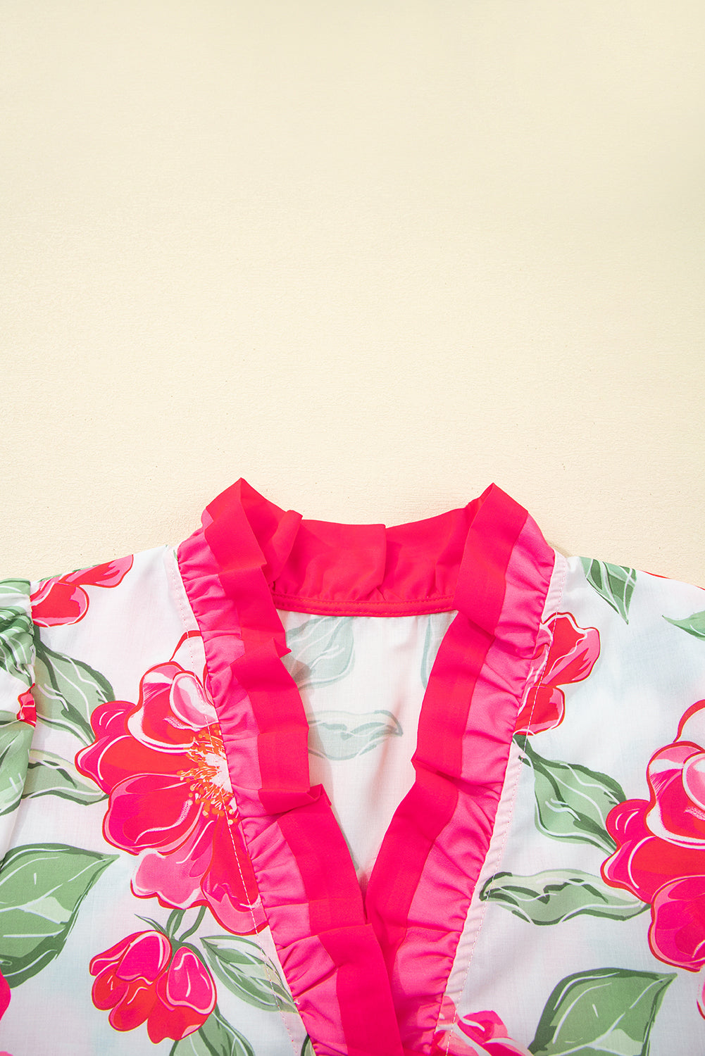 Floral Contrast Frilled V-Neck Blouse