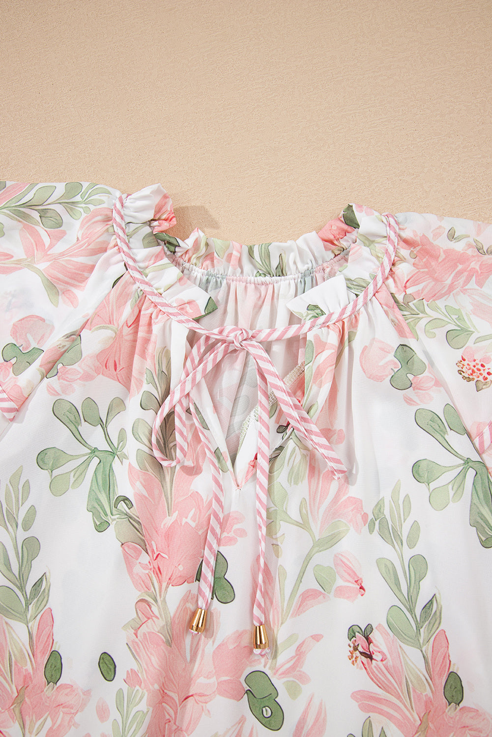 Floral Stripe Contrast Ruffle Sleeve Blouse